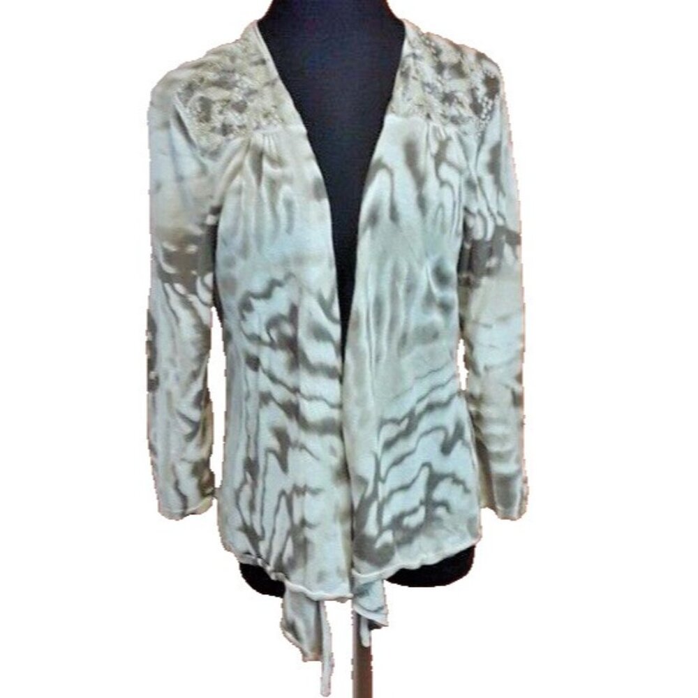 Chicos Womens Linen‎ Blend Cardigan Large Beige Abstract Asymmetric Casual